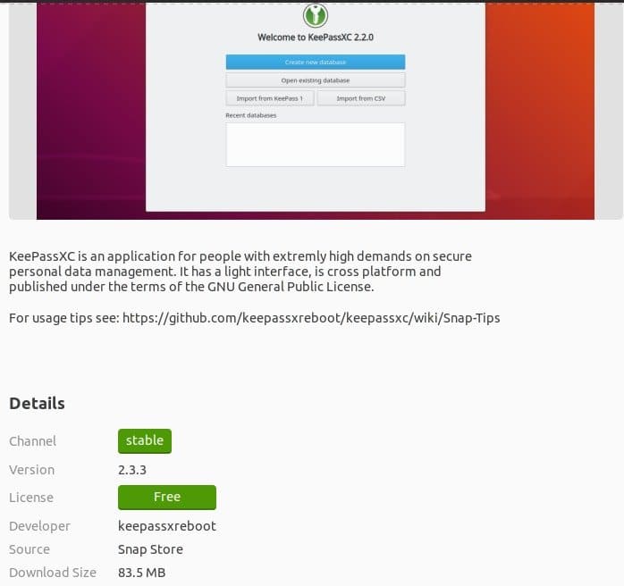 KeePassXC as snap package in snap store