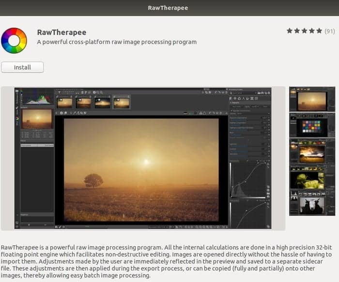 Install Adobe Lightroom Alternative RawTherapee from Ubuntu Software Center